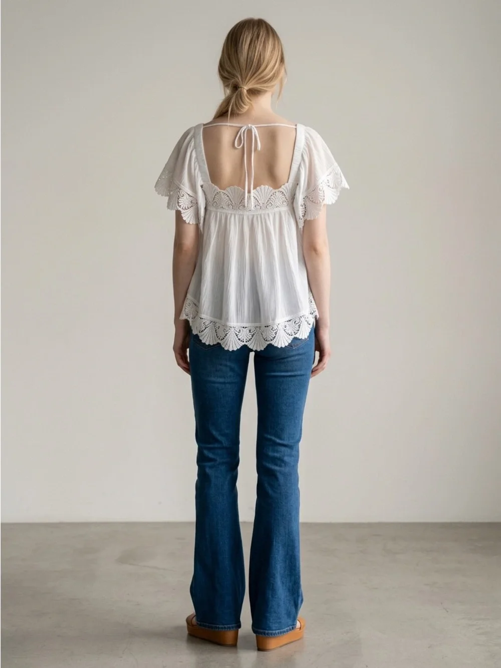 Women’s White Square Neck Crochet Trim Blouse